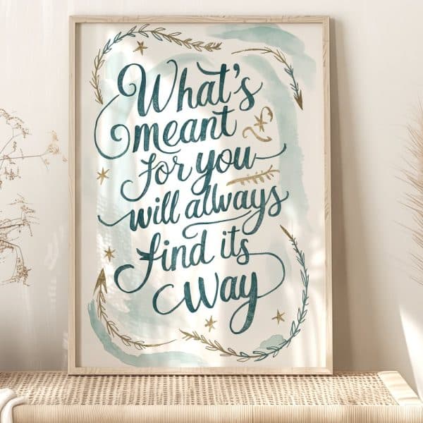 Framed Print With Inspirational Quote: Whats Meant For You Will Always Find Its Way. The Text Is Teal With Gold Accents On A Light Teal Watercolor Background.