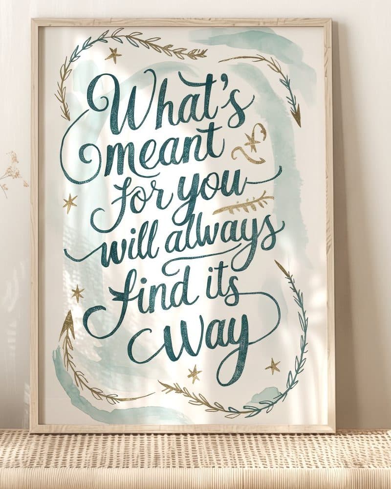 Framed print with inspirational quote: Whats meant for you will always find its way. The text is teal with gold accents on a light teal watercolor background.