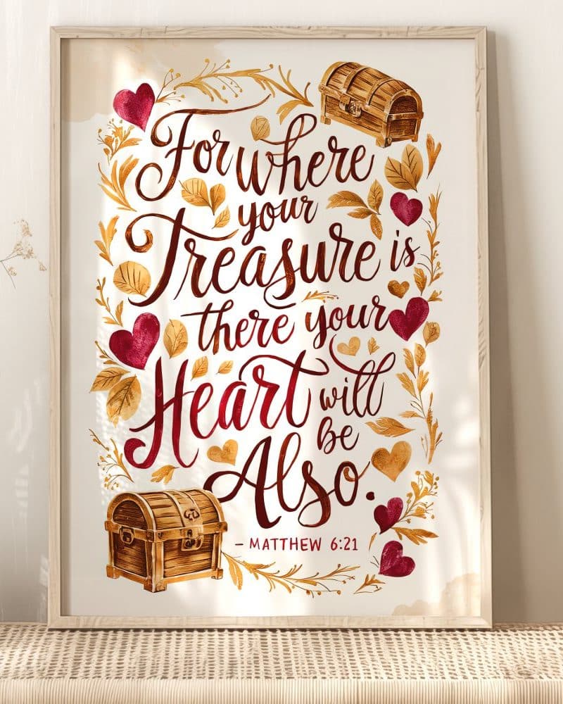 Framed art print with the Matthew 6:21 Bible verse, stylized lettering, and illustrated treasure chests and hearts.