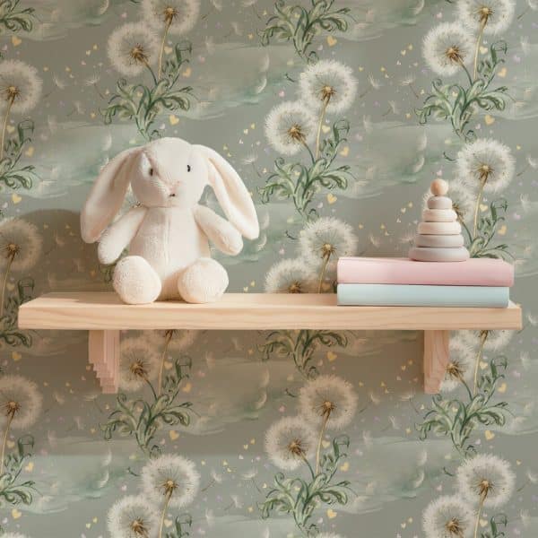 White Stuffed Bunny Sitting On A Wooden Shelf Against A Dandelion Wallpaper.