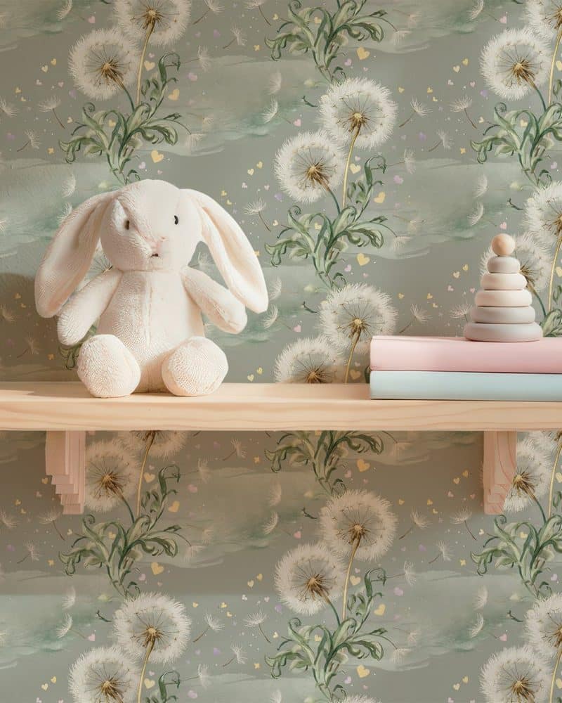 White stuffed bunny sitting on a wooden shelf against a dandelion wallpaper.
