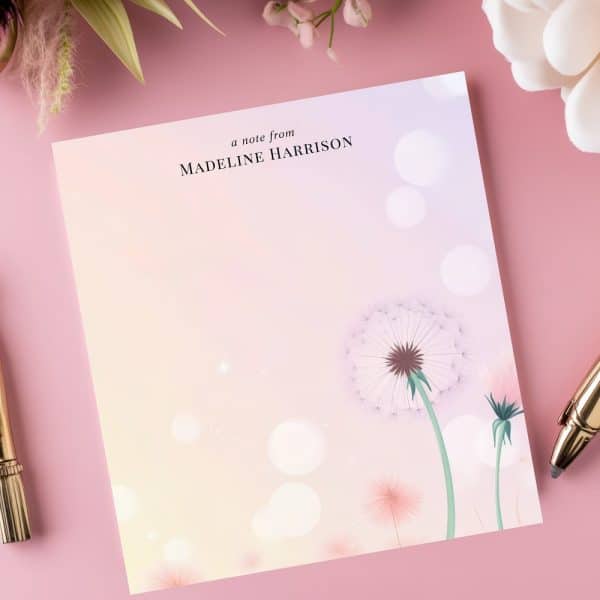 Personalized Notepad Featuring Dandelions On A Pastel Background.