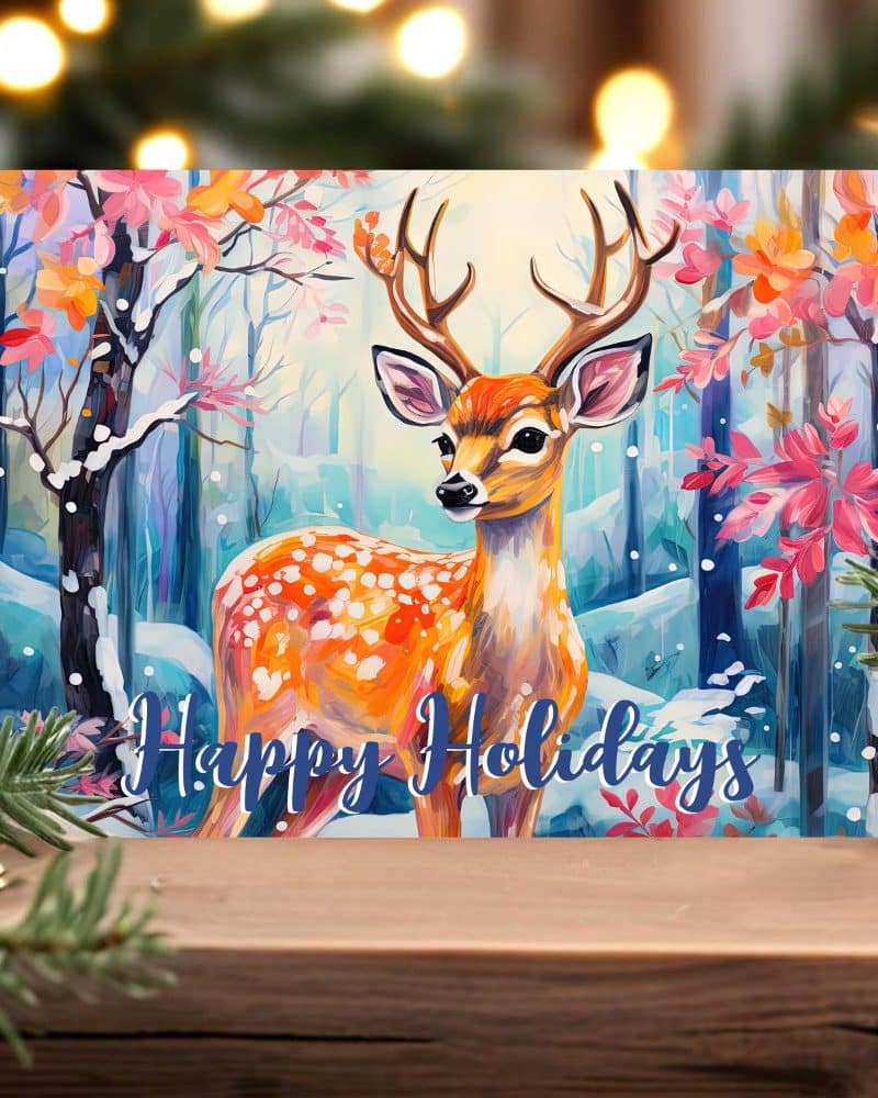 Happy Holidays greeting card featuring a painted deer in a winter forest.