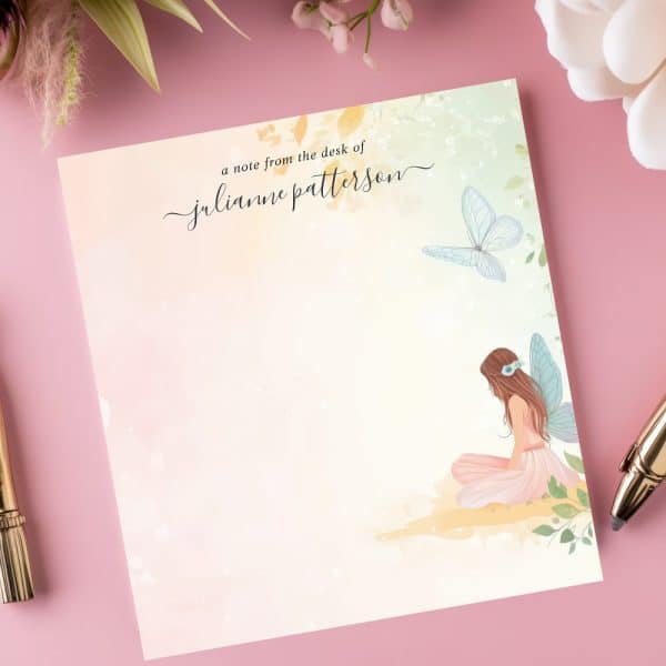Personalized Stationery Featuring A Seated Fairy With Butterfly Wings And A Butterfly, On A Soft Watercolor Background.