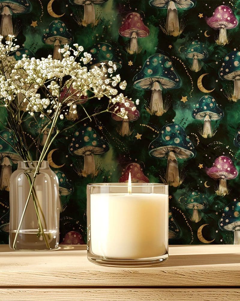 A lit candle sits on a wooden surface in front of a dark green wallpaper featuring a repeating pattern of whimsical mushrooms and crescent moons.