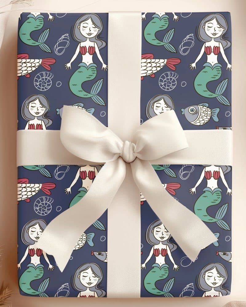 Gift wrapped in blue mermaid-themed wrapping paper with a cream-colored bow.