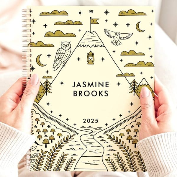 Two Hands Hold A 2025 Planner Featuring A Cream Cover With Gold Line Drawings Of Mountains, Owls, A Lantern, And A Winding River. The Name Jasmine Brooks Is Printed On The Cover.
