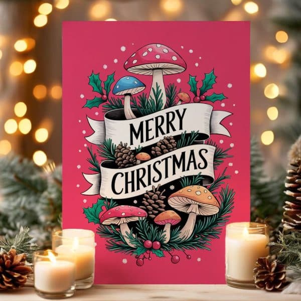 Christmas Card Featuring A Pink Background With A Festive Arrangement Of Mushrooms, Pine Cones, And Holly Berries Surrounding A Merry Christmas Banner.