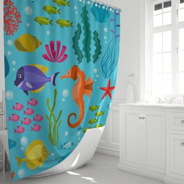 A Light Blue Shower Curtain With A Colorful Sea Life Pattern, Featuring Fish, A Seahorse, And Other Aquatic Plants And Animals.