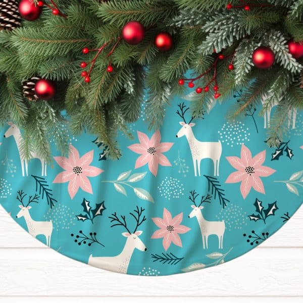 Teal Christmas Tree Skirt Decorated With Pink Poinsettias And White Reindeer.