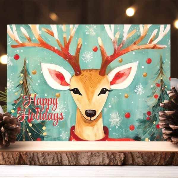 A Holiday Greeting Card Featuring A Painted Reindeer Wearing A Red Sweater. The Background Is Teal With Snowflakes And Berries.