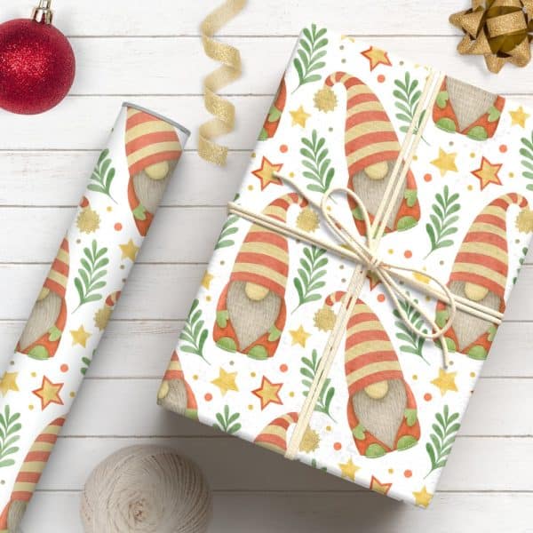 A Wrapped Gift And A Roll Of Wrapping Paper, Both Featuring A Repeating Pattern Of Christmas Gnomes.