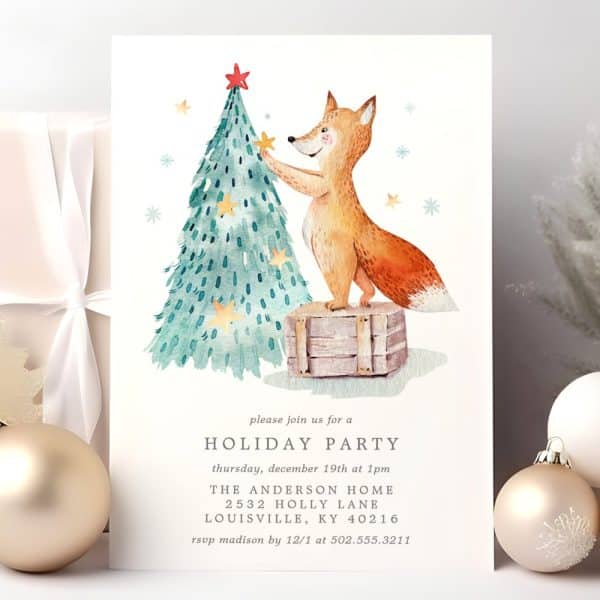 Holiday Party Invitation Featuring A Fox Decorating A Teal Christmas Tree.