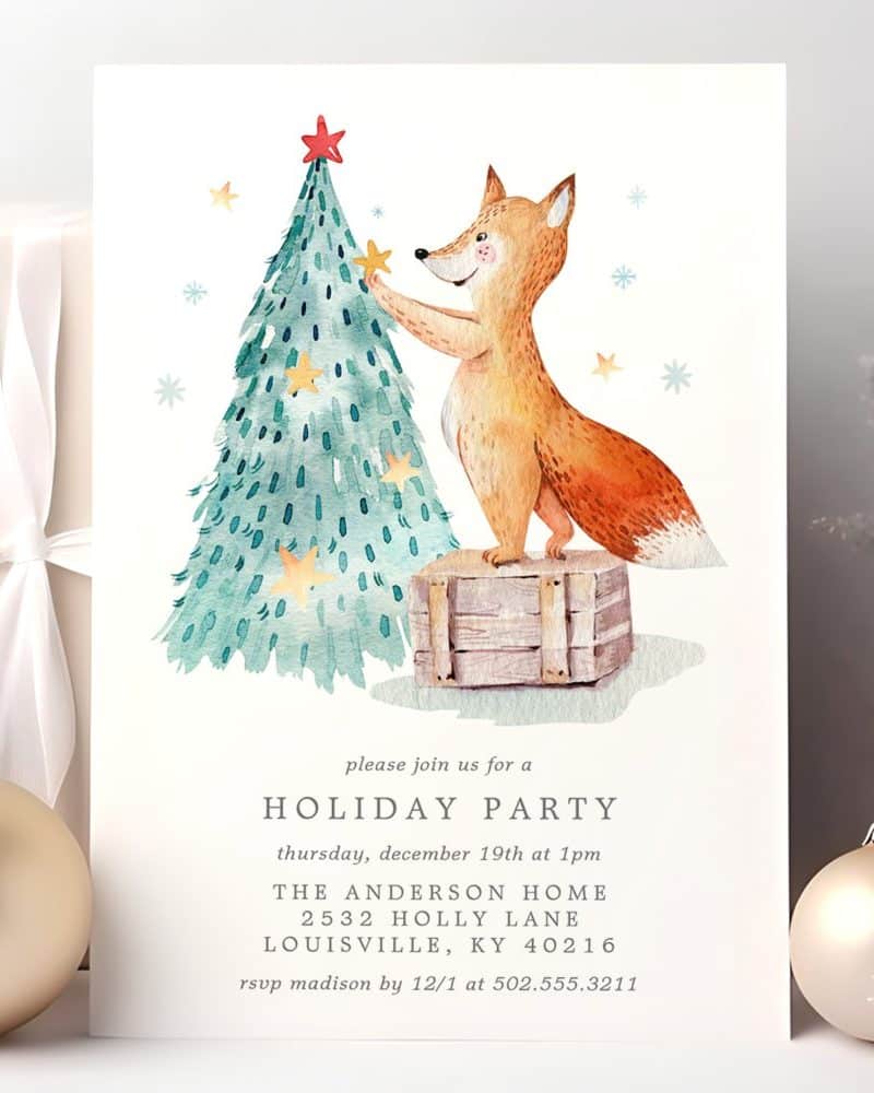 Holiday party invitation featuring a fox decorating a teal Christmas tree.