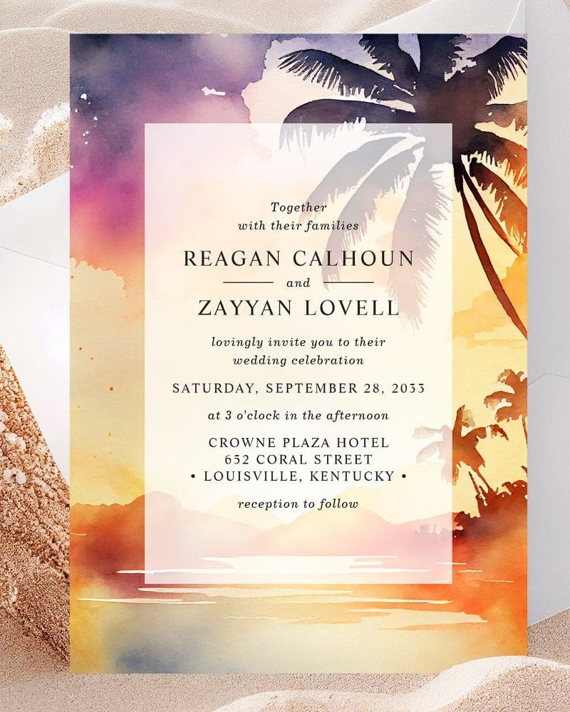 Wedding invitation with watercolor sunset and palm trees; Reagan Calhoun and Zayyan Lovell.