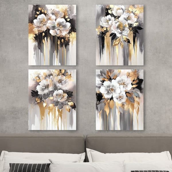 Quadriptych Of Abstract Floral Paintings In Shades Of Gray, White, And Gold.