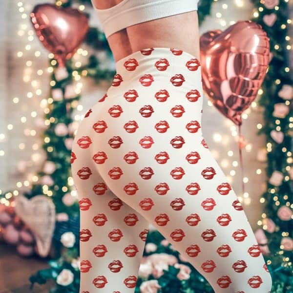 White Leggings With A Repeating Pattern Of Red Lips.