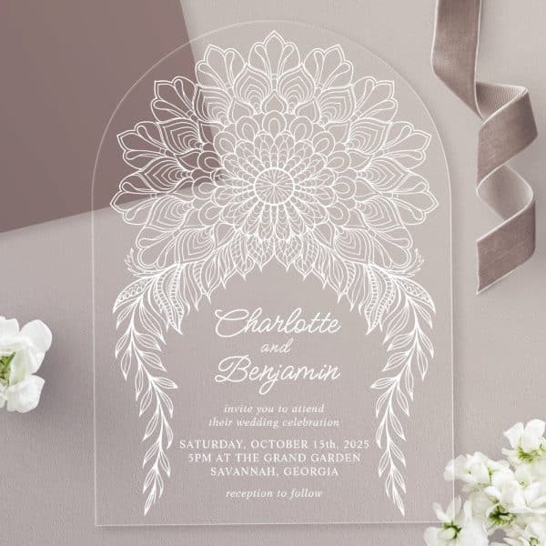 Arch-Shaped Clear Acrylic Wedding Invitation With White Mandala And Floral Designs, Announcing Charlotte And Benjamin'S Wedding.