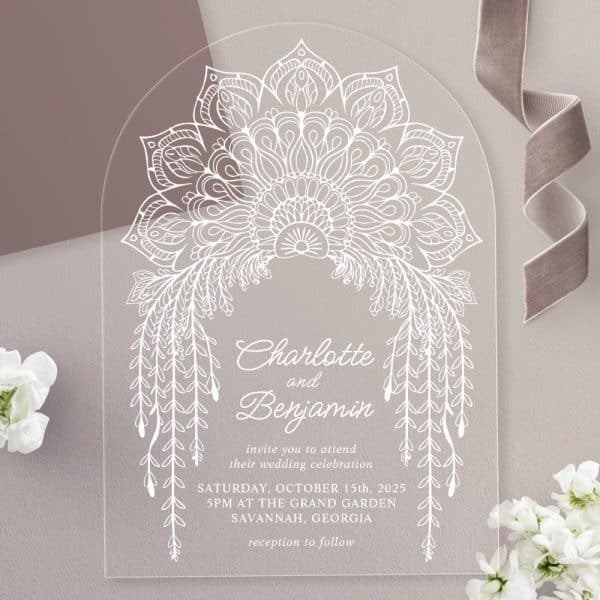 Arch-Shaped Clear Acrylic Wedding Invitation With White Mandala And Floral Designs, Announcing Charlotte And Benjamin'S Wedding.