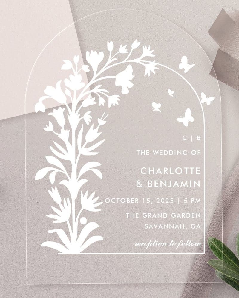 White Botanical Butterfly Arched Wedding Acrylic Invitations
