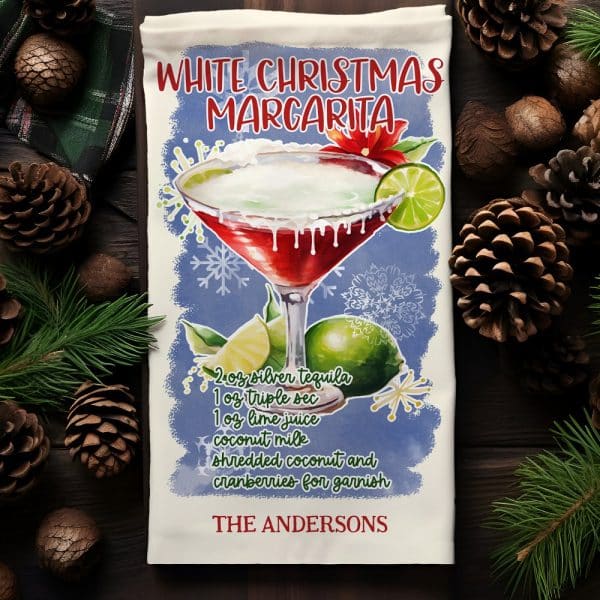 Kitchen Towel With Watercolor Illustration Of A White Christmas Margarita Cocktail Recipe And The Andersons Name.