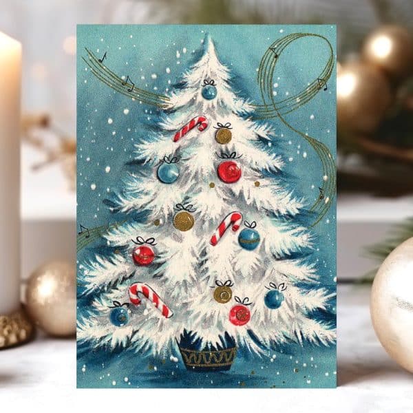 Vintage Christmas Card Depicting A Snow-Covered Christmas Tree Adorned With Ornaments And Candy Canes.