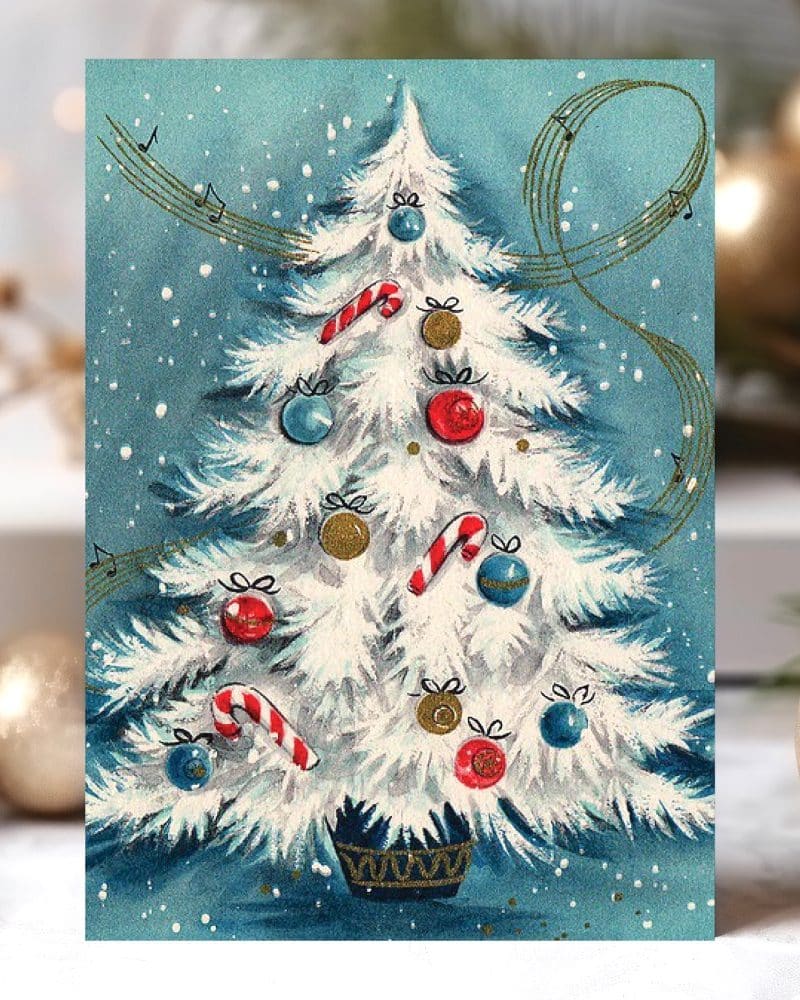 Vintage Christmas card depicting a snow-covered Christmas tree adorned with ornaments and candy canes.
