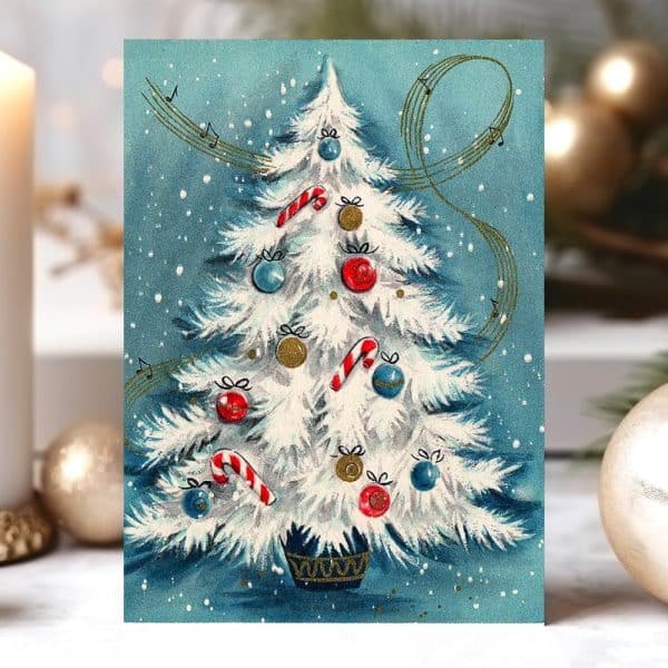 Vintage Christmas Card Featuring A Snow-Covered Christmas Tree Adorned With Ornaments And Candy Canes.