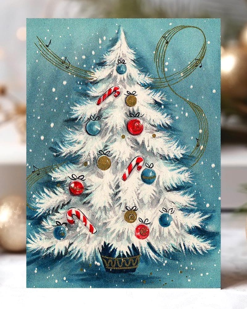 Vintage Christmas card featuring a snow-covered Christmas tree adorned with ornaments and candy canes.