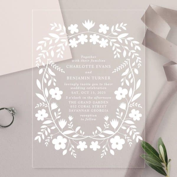 Clear Acrylic Wedding Invitation With Floral Border, Announcing Charlotte Evans And Benjamin Turner'S October 15Th Wedding.