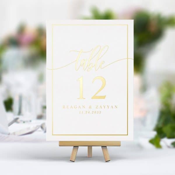 White &Amp; Gold Foil Calligraphy Photo Table Number