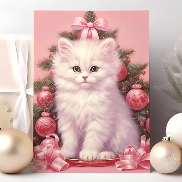 White Kitten Sitting In Front Of A Pink Christmas Tree.