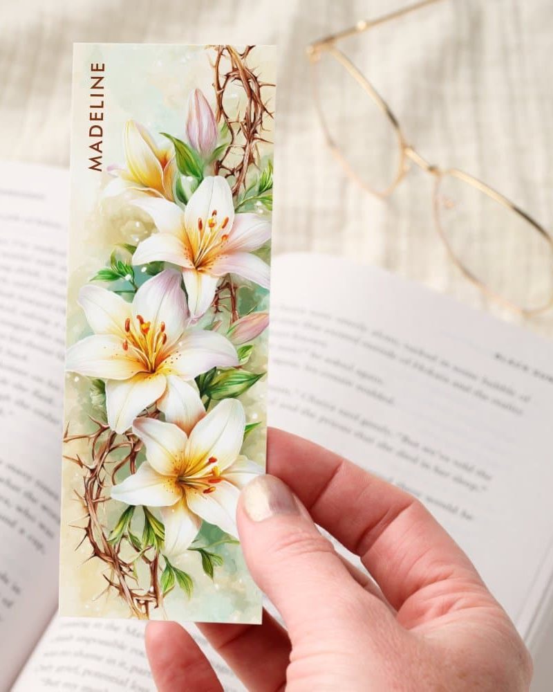 White Lilies And Thorns Personalized Christian Bookmarks