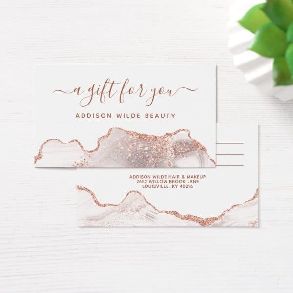 Gift Certificate From Addison Wilde Beauty With Rose Gold Glitter Design.