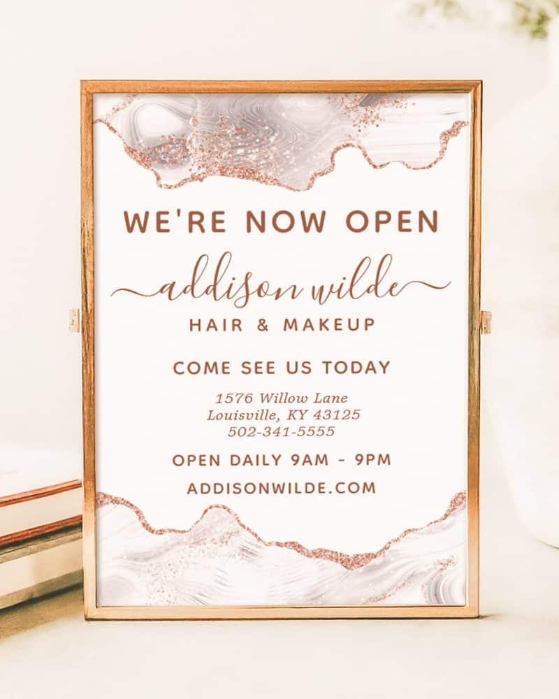 Grand opening announcement for Addison Wilde Hair & Makeup, including address and hours.