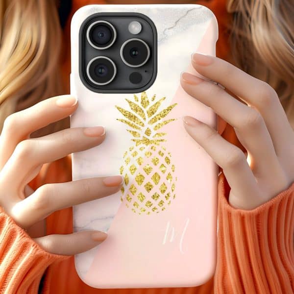 Close-Up Of Hands Holding A Pink And White Phone Case Featuring A Gold Glitter Pineapple Design.