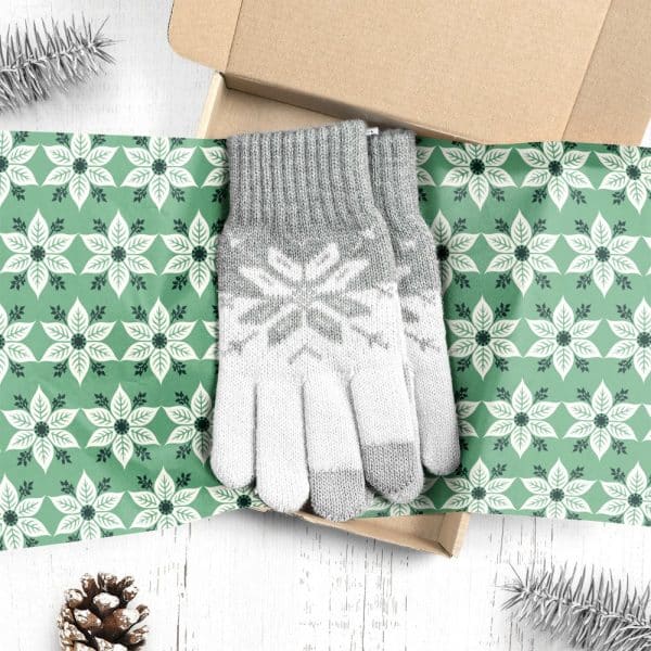 Pair Of Gray And White Snowflake Patterned Gloves In A Gift Box.