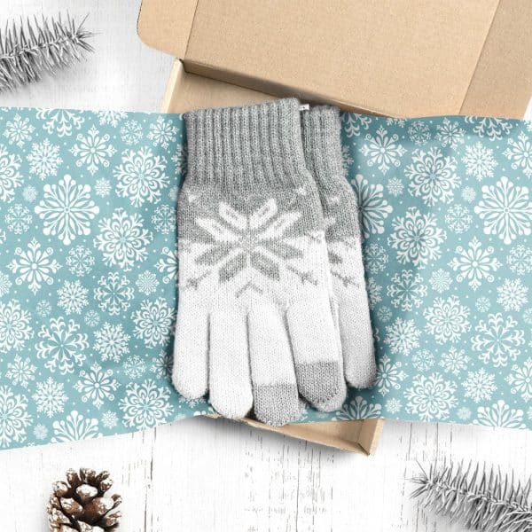 Pair Of Grey And White Snowflake Patterned Gloves In A Gift Box.