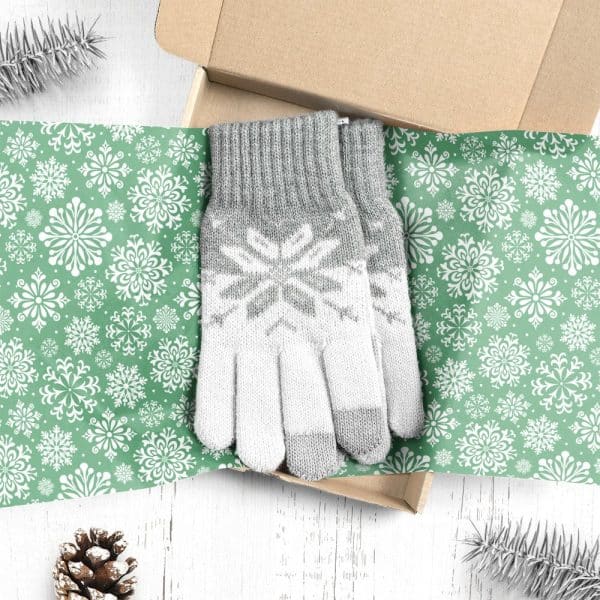 Pair Of Gray And White Snowflake Patterned Gloves In A Gift Box.