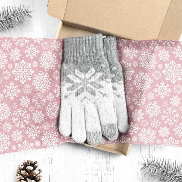 Pair Of Grey And White Snowflake Patterned Gloves In A Gift Box.