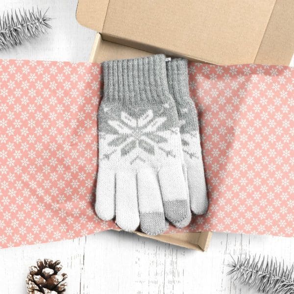 Pair Of Gray And White Snowflake Patterned Gloves In A Gift Box.