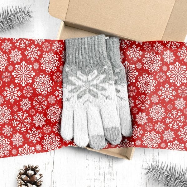 Gray And White Snowflake Patterned Gloves In A Christmas-Themed Gift Box.