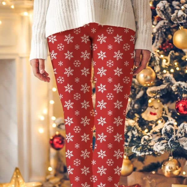 Red Leggings With A White Snowflake Pattern.