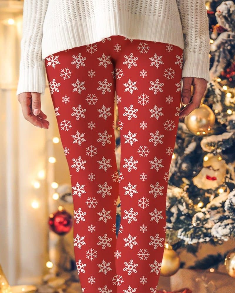 Red leggings with a white snowflake pattern.