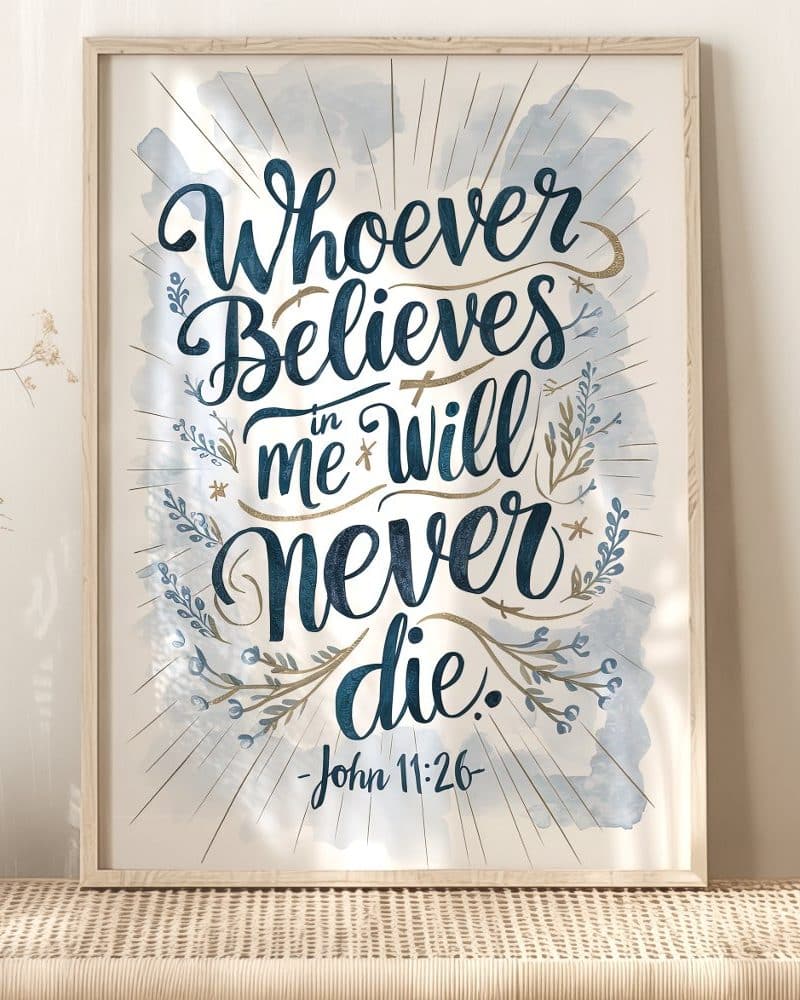 Framed print with a blue watercolor background and gold lettering, displaying John 11:26: Whoever believes in me will never die.