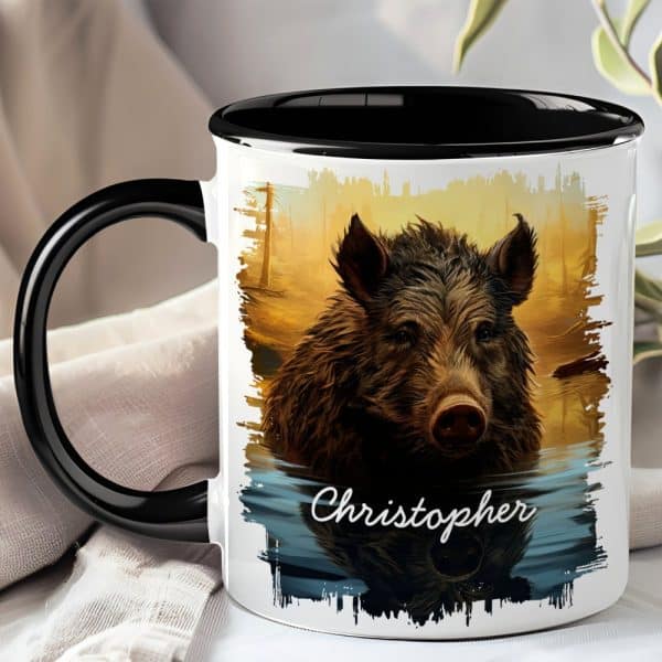 Black-Handled Mug With A Personalized Illustration Of A Wild Boar'S Head Emerging From Water At Sunset. The Name Christopher Is Printed Below.