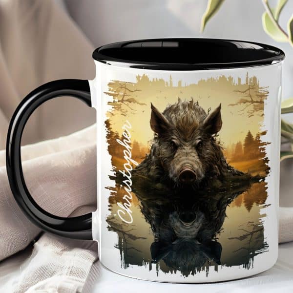 Black-Handled Mug With A Graphic Of A Boar Reflected In Water, Personalized With The Name Christopher.