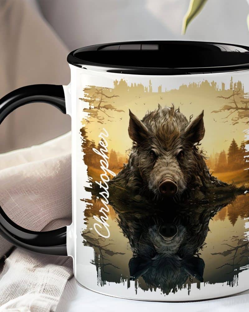 Black-handled mug with a graphic of a boar reflected in water, personalized with the name Christopher.