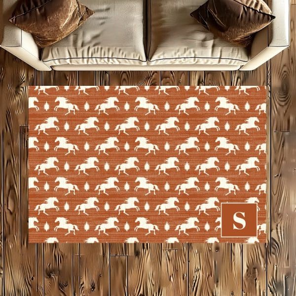 Rust-Colored Area Rug With A Repeating Pattern Of White Horses And An Initial S.