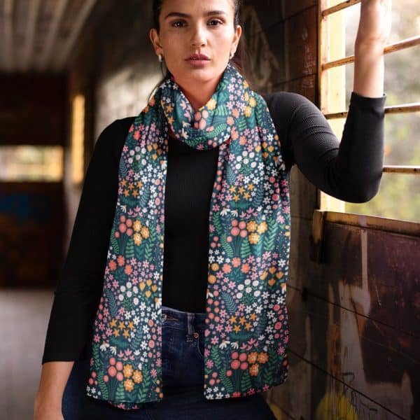 Woman Wearing A Teal Floral Patterned Scarf.